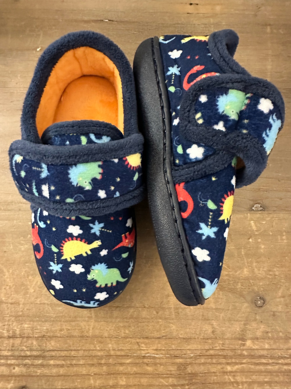 Toddler Size 9-10 Kids Navy Dinosaur Velcro Slippers